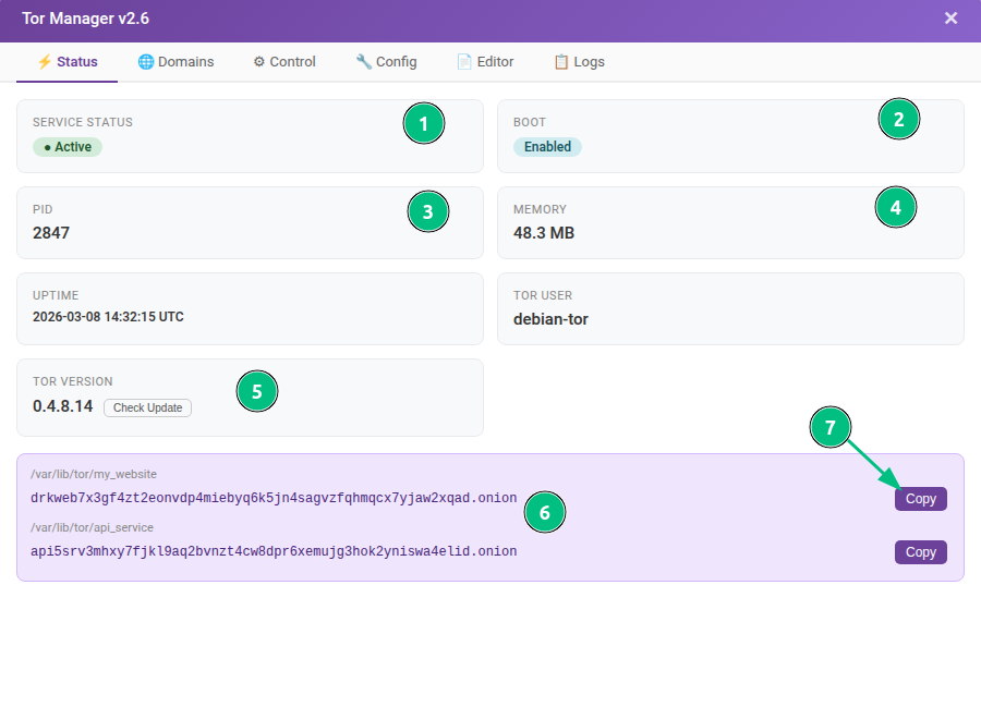 status.png Configuring a Tor hidden service by mapping website directory and ports on a VPS through the control panel.