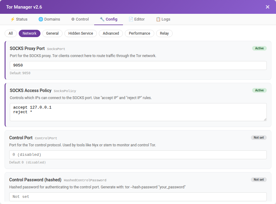 config-network.png Checking Tor hidden service status and logs in the VPS control panel after enabling the service.