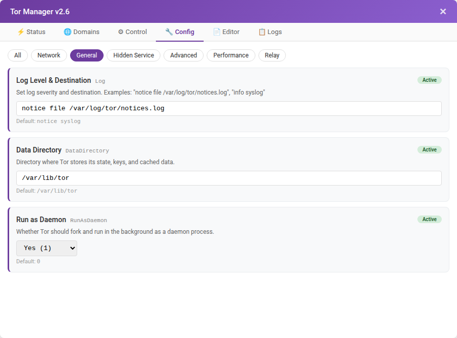 config-general.png Checking Tor hidden service status and logs in the VPS control panel after enabling the service.}