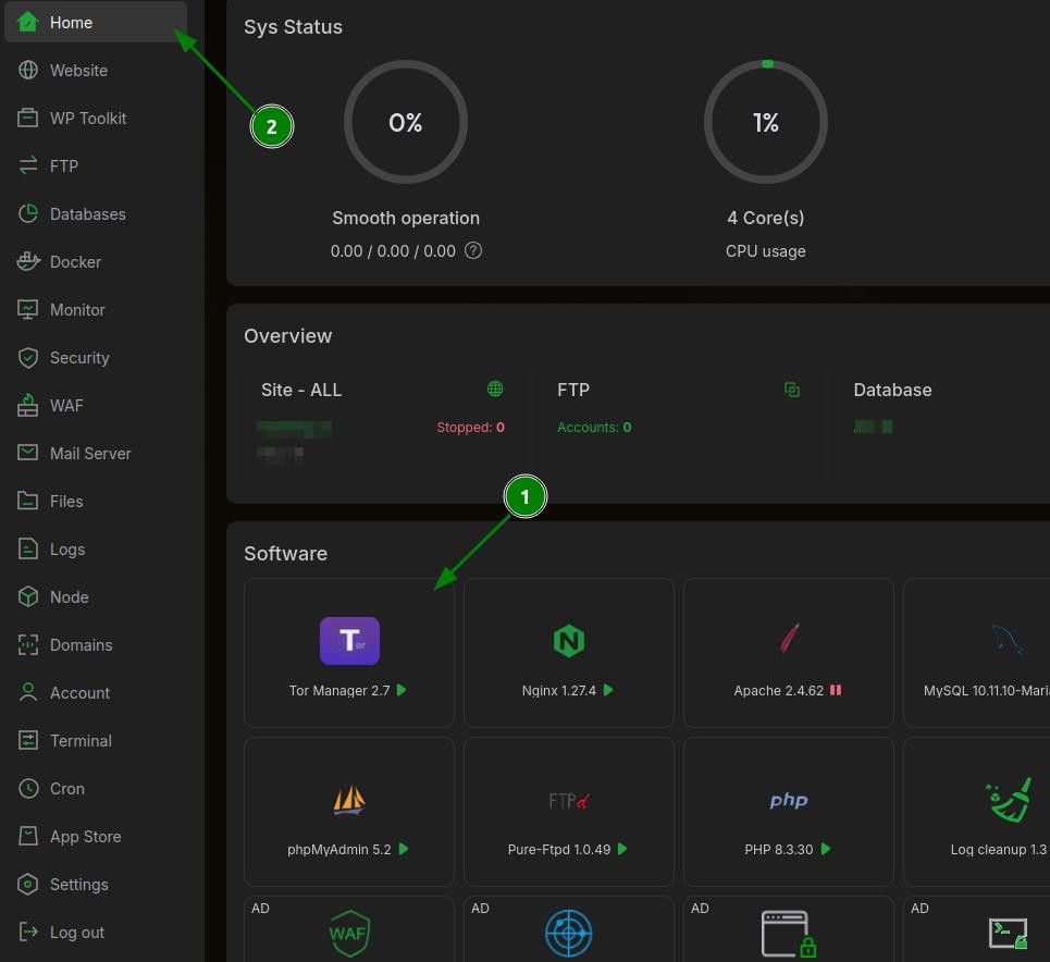 finding-tor-manager.jpg aaPanel VPS control panel showing the Tor service section for hosting a .onion website.